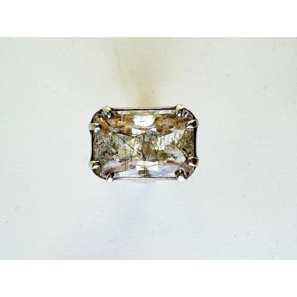 Rutile Quartz Crystal Faceted Hammered Heavy Sterling 925 Silver Ring - Picture 2 of 8